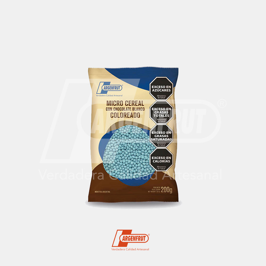 MICRO CEREAL CON CHOCOLATE BLANCO COLOR CELESTE  X 200 GRAMOS